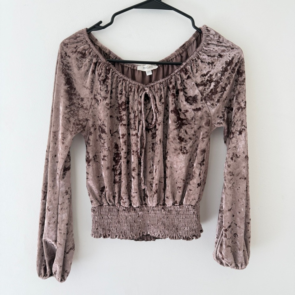 Crushed Velvet Peasant Top S Purple Smocked Crop Balloon Sleeve YK Fairy Grunge